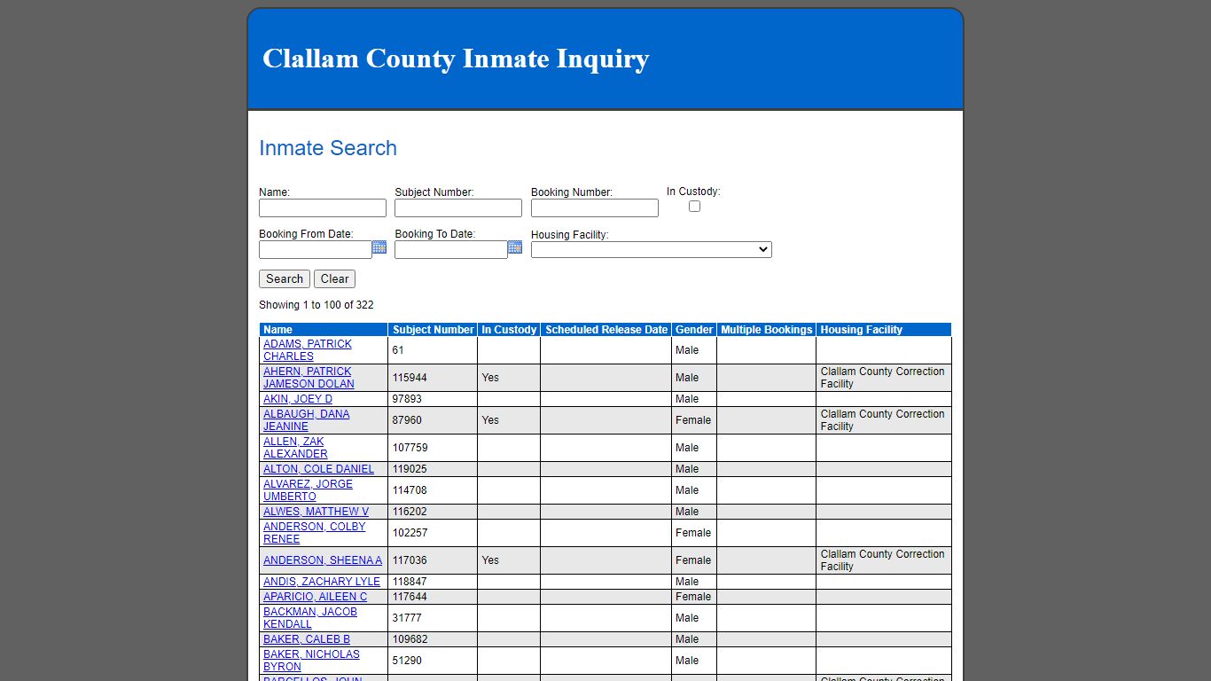 Inmate Search - Clallam County, Washington